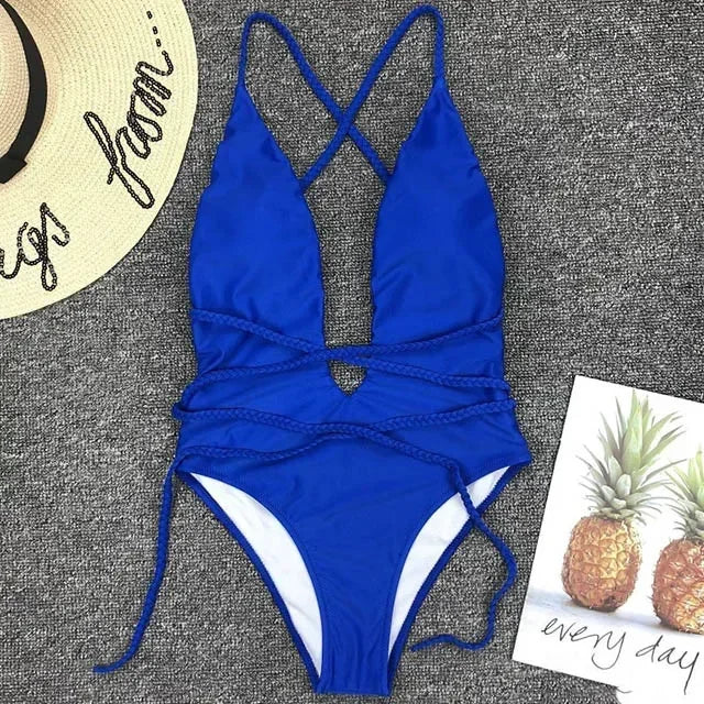 New 2025 Sexy Deep V Neck Wrap Around Female Swimwear One Piece Swimsuit Women Backless Monokini High Cut Bathing Suit Swim Lady