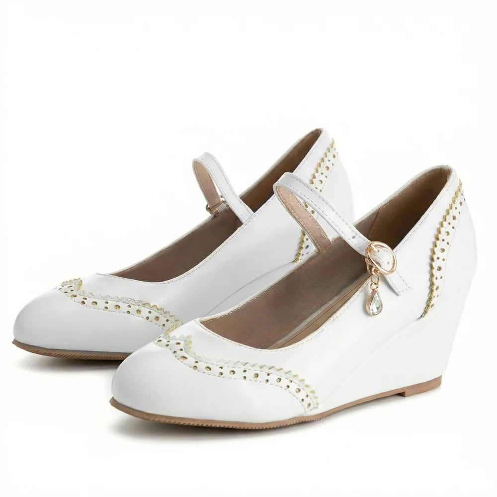 2026 Small Big Size 32-48 Vintage Green 7cm High Heels Wedges Pumps White Red Comfy Walk Summer Mary Janes Brogue Shoes Women