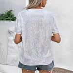 Shiny Sequins Tee Shirt Women T-shirt V-Neck Short Sleeve Loose Fit Summer Sexy Tops Holidays Parties Wear