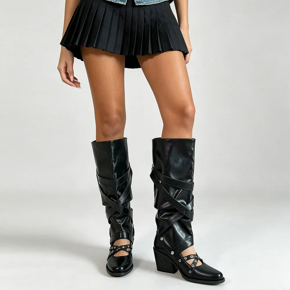 Vintage Y2k Slouchy Knee High Western Boots Women Chunky Block Heel Summer Cowboy Knee High Boots Motorcycle Boots Shoes