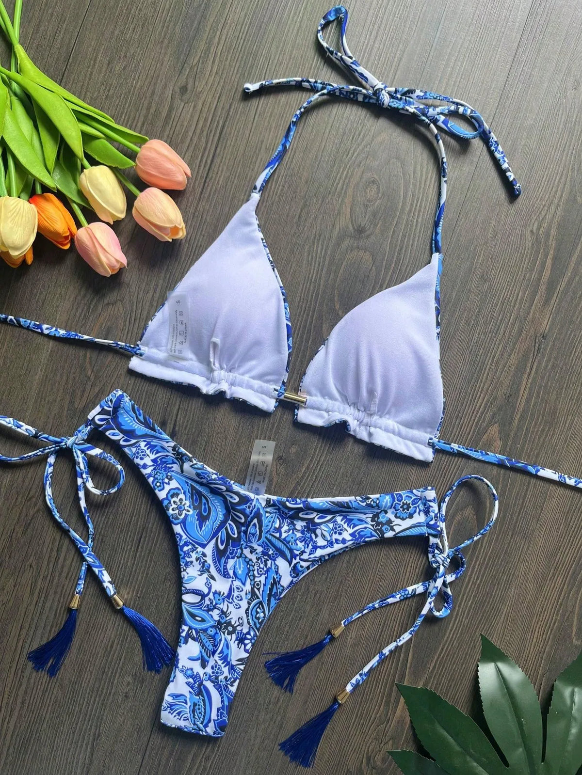 Sexy print women's bikini swimsuit split set with straps and tassels 2-piece set for summer beach swimsuit