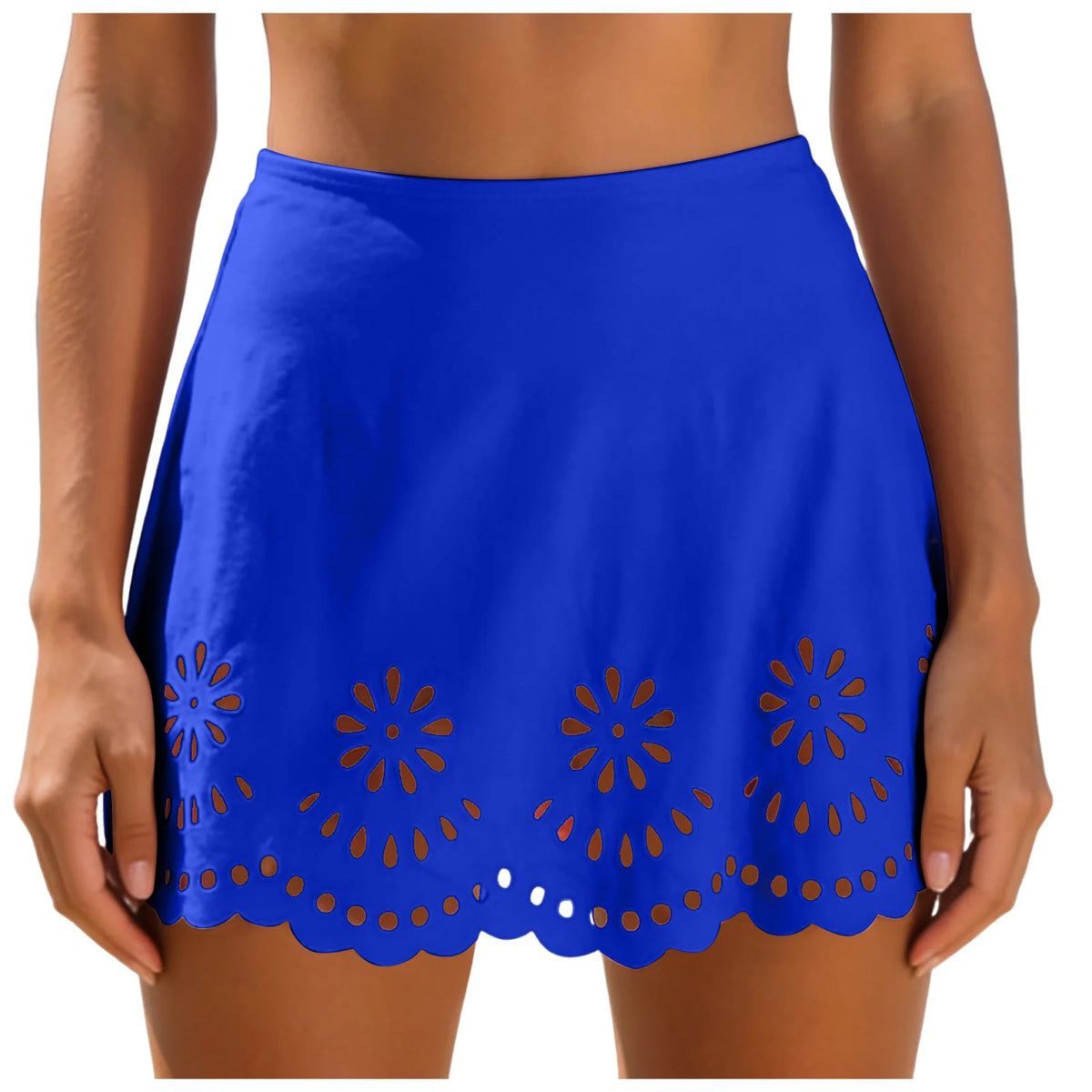 Women Solid High Waist Swim Skirts Hollow Out Floral Cutout Scalloped Hem A Line Bikini Cover Up Skirt Vacation Pool Beachwear