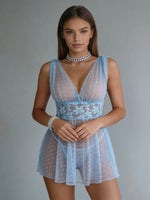 Polka Dot Mesh Babydoll Set V Neck Lace Waist Tie Straps Sheer Sleepwear for Home Lounging Bridal Honeymoon Anniversary Night