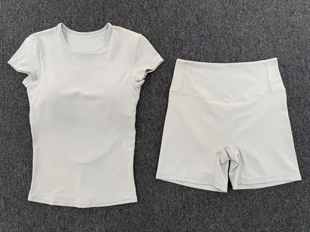 Tight Invisible Wrinkle Yoga Sets Women Short Sleeve O Neck Hollow Back Sports Tank Top Butt-Lifting Shorts Gym Fitness Suits