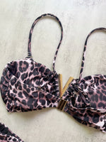 Sexy women's triangle leopard print bikini 2-piece set metal V decoration summer beach split swimsuit