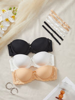 3PCS Removable Straps Women Bras Floral Lace Spliced Push Up Bra Thin Demi Cup Solid Invisible Underwear