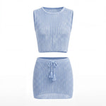 Women Hollow Out Knit Cover-ups Outfit See Through Tank Tops and Drawstring Mini Skirt 2 Piece Sets Daily Casual Beach Summer