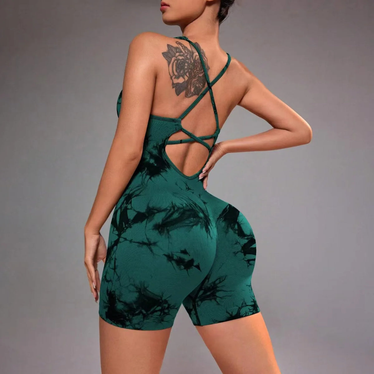 Cross Back Tie-Dye One Piece Yoga Shorts - Stylish Cropped Yoga Jumpsuit for Women