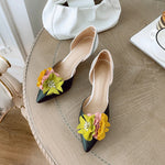New 2027 Fashion Womens Floral Pointed Toe Flowers Stilettos Lady Mid Heel Shoes Mixed Colors Sandals Pumps Wedding Bridal Heels