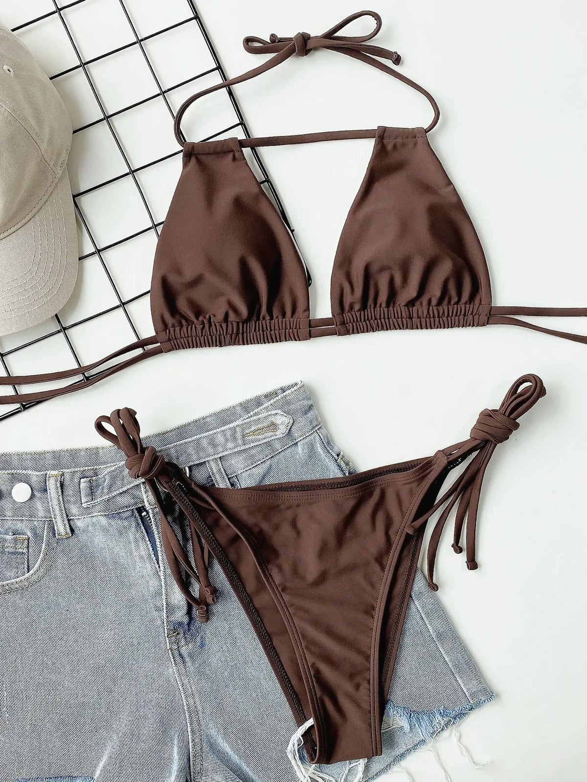 2026 Sexy Bikini Women Swimsuit Swimwear Brown Hollow Halter Double Ropes Bikinis Set Bathing Suit Beach Bikini Female Banadores