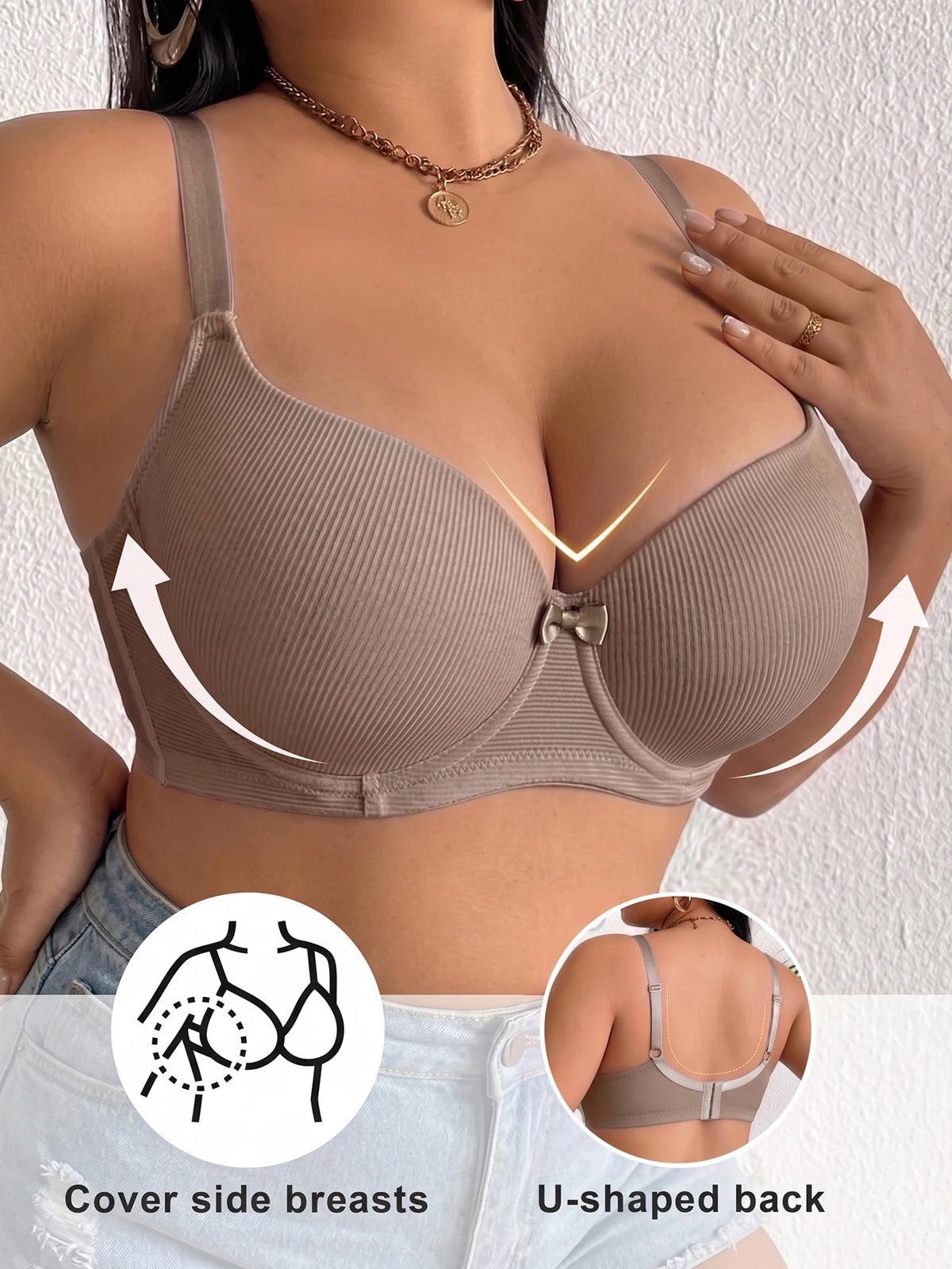 Plus Size Ribbed Women Bra Solid Basic Thin Push Up Brassiere Full Cup Comfortable Underwire Underwear