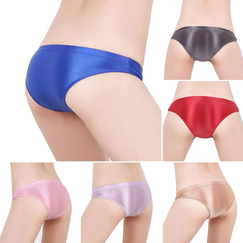 See Through Low Waist Briefs Silky Shiny Satin Panties Sexy Underwear Erotic Lingerie Women's Ultra-Thin Oily Glossy Underpants