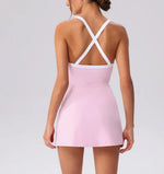 Color Contrast Tennis Dresses Women Beautiful Back Hollow Back Cross Split Skirt Pocket Sports Fitness One-piece Yoga Golf Suit