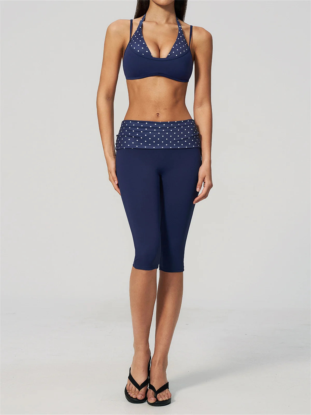 Summer Polka Dot Yoga Sets Women Hanging Neck Shockproof Sports Bra Fitness Suit Folding High Waist Mid Pants Gym Tracksuit