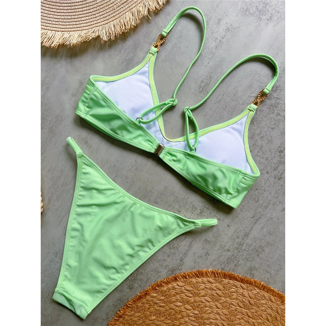10 Colors V Neck Rhinestones Bikini Female Swimsuit Women Swimwear Padded Bather Bathing Suit Swim Two-pieces Bikini set K8138