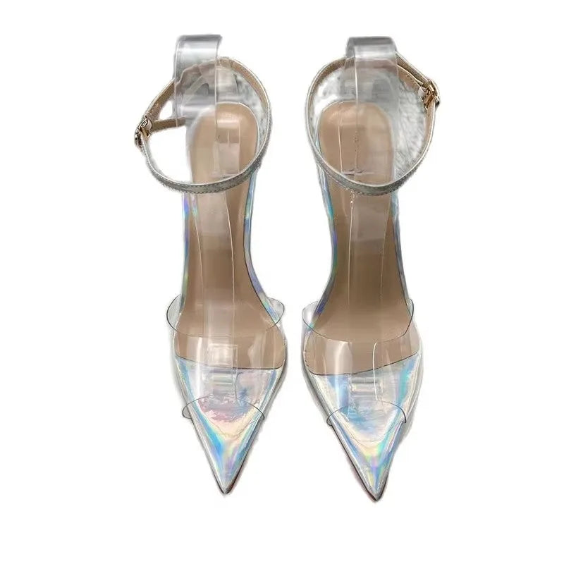 Clear PVC Patchwork SandalsNewest Transparent Straps Stiletto Heel Sandals Sexy Laser silver High Heels Wedding Shoes12cm
