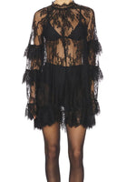 Women See Through Lace Dress Layered Flare Long Sleeve Crew Neck Ruffle Dress for Party Cocktail Club Dress Cover-ups