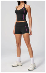 2PCS Women Yoga Sets Color Contrast Hanging Neck V Neck Slimming Sports Tank Top Flip High Waist Shorts Gym Running Fitness Suit