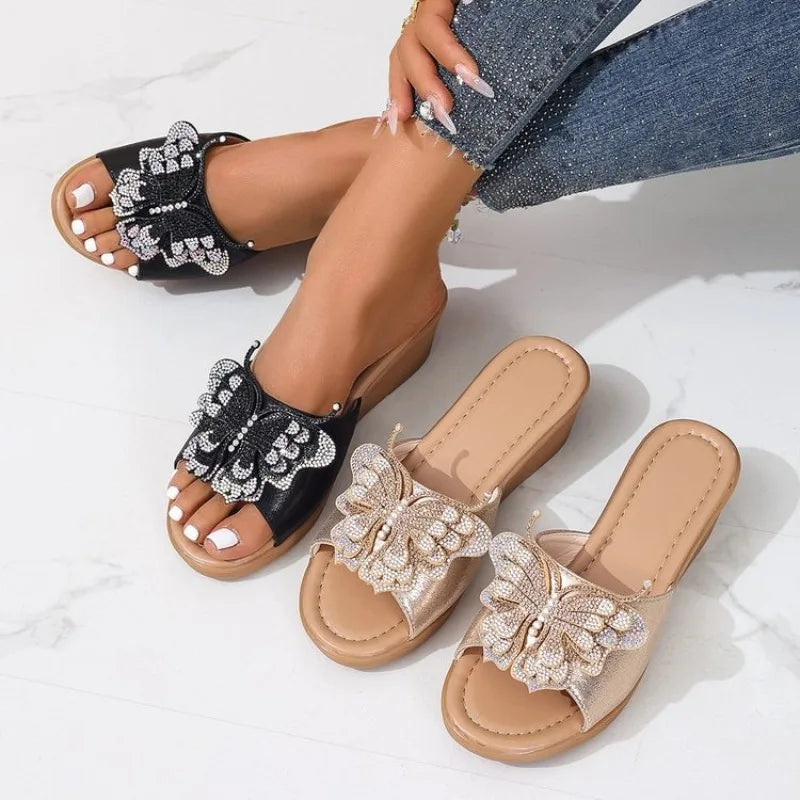Women Modern Slippers Flat Summer Ladies Shoes Beautiful Diamond Butterfly Outside Beach Slides Square Toe