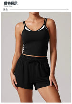 Women's New Summer Yoga Sets Color Blocked Double Strap Workout Tank Top Fitness Suit Drawstring High Waist Short Sport Set