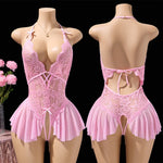 Pink Sexy Lingerie Women Hollow Open BodysuitAdult Apparel Teddy Crotchless Erotic Underwear One Piece V-neck Hot Lace Pajamas