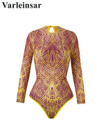 S - XL New Flower Printed Floral Long Sleeve With Pants One Piece Swimsuit Women Swimwear Female Bather Bathing Suit Swim V7099
