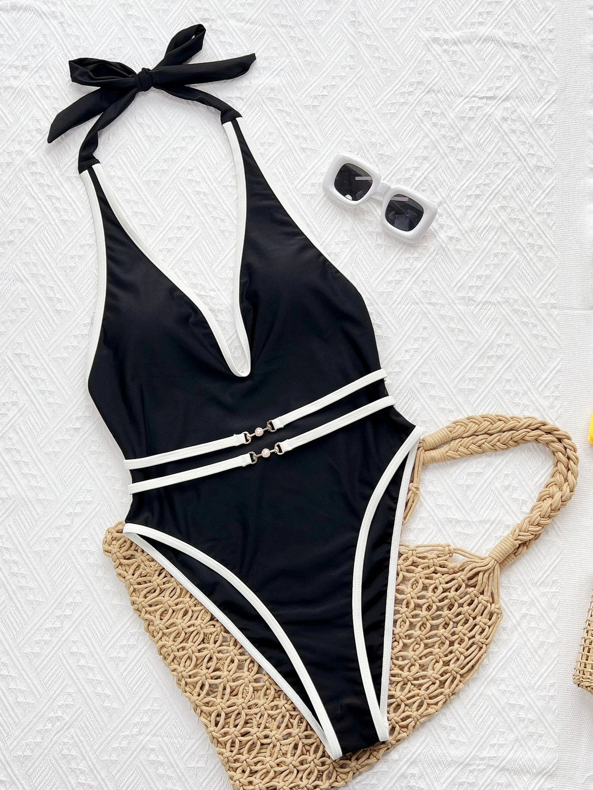 DEAK Sexy Deep V Pearl Neck One Piece Swimsuit Women Black Contrast Push Up Backless Slim Tummy Control Swimwear Beach Pool Bath