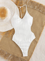 Sexy White Swimwear Women 2026 Pearls Hollow Out Backless Thong Bikini Ribbed Bathing Suit Holiday One Piece Swimsuit Monokini