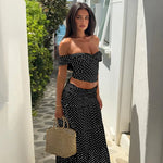 FDYOUI Woman Clothing Polka Dot Crop Tops and Lace-up Skirt Two Piece Sets Female Elegant Slash Neck Long Vacation Dresses Suit
