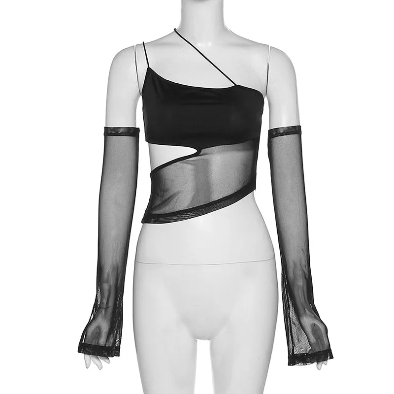 Asymmetrical Cut Out Mesh Crop Top with Sleeves Fairy GrungeClothes Transparent Camisole Tank Tops