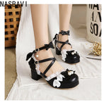 Women Lace Single Leather Lolita Shoes 2026 Cute Japanese Sweet Bow Thick Square Heel Shoes Girls' Party Dress Sandals Shoes 43