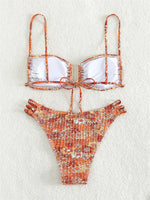 Sexy Pleate Micro Bikini Women U Neck Push Up Orange Floral Print Micro Swimsuit 2025 Summer Bathing Suit Lace Up Thong Swimwear