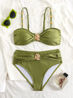 Sexy Metal Buckle High Waist Bikini Set Women Black Green Pleate Push Up Bra Swimwear Beach Bathing Suit Two Piece Swimsuit 2026