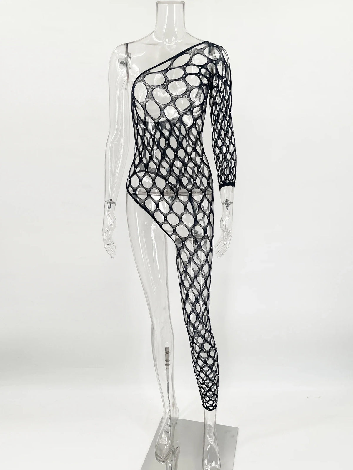 Toucheart Sexy Lingerie Women's Jumpsuit Shiny Diamond Fishing Net One-sleeved Leg Jumpsuit Sexy Hollow Out See-through Jumpsuit