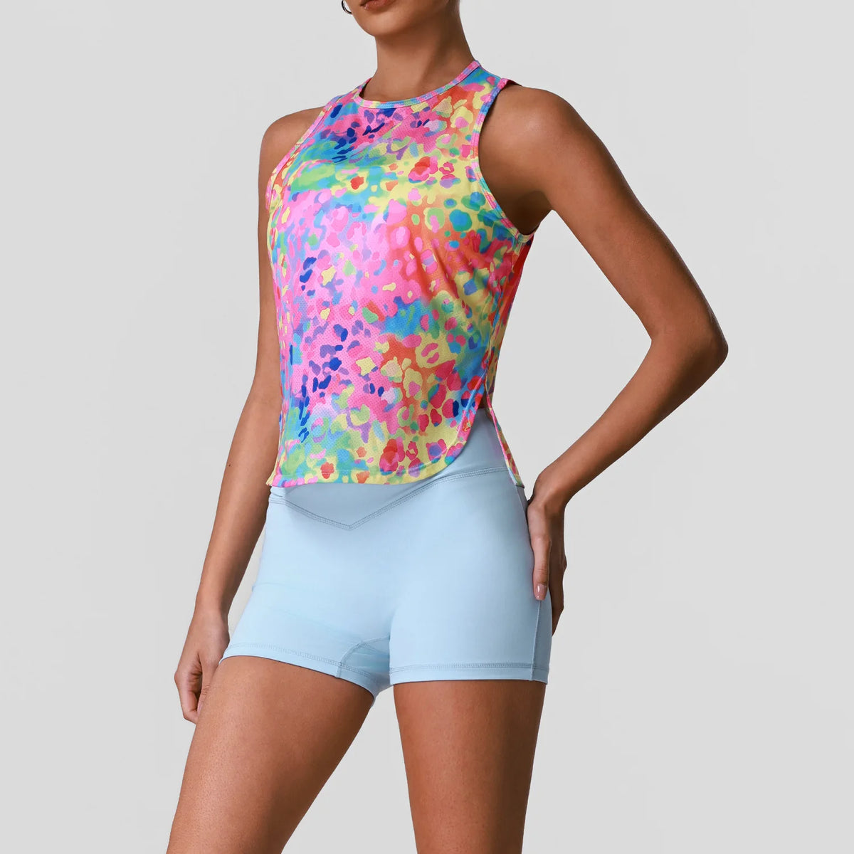 Sports Training Fitness Set Women Summer Ice Tie Dye Gradient Floral T Shirts High Elasticity Hip Lifting Shorts Yoga Sets