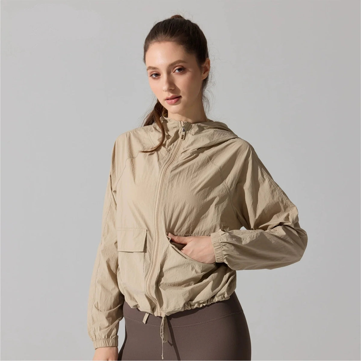 Outdoor Windproof Mountaineering Jacket Women Fashion Lightweight Sun Protection Sports Hooded Top Casual Loose Hiking Yoga Suit