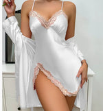 Women Navy Satin 2 Piece Pajama Set Lace Trim Slit Slip Dress Long Kimono Robe Silky Sleepwear Lingerie Nightgown