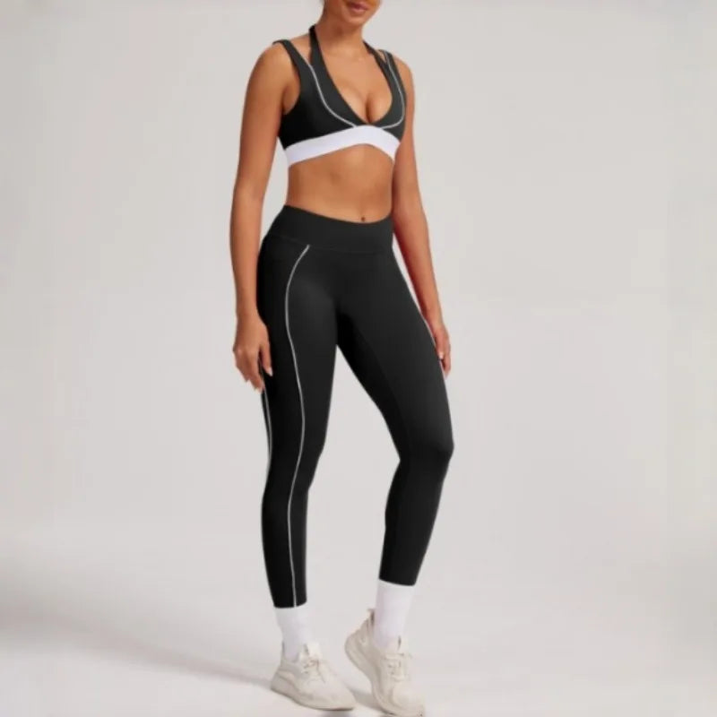 Women's Yoga Sets Sports Fitness V-Neck Halter Sports Bra Color-Block Hip-lifting Pants Suits Running Training Workout Gym Sets