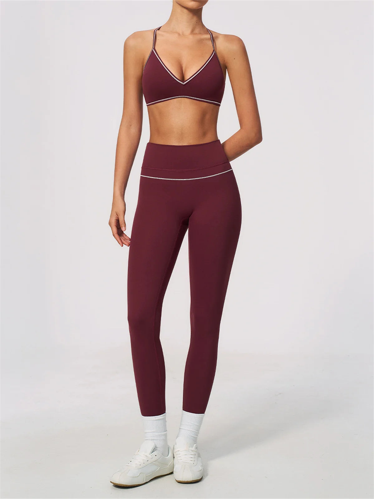 New Yoga Suit Women Color Blocked V-neck I Shape Sports Bra Fitness Clothes Summer Tight Running High Waist Leggings Tracksuit