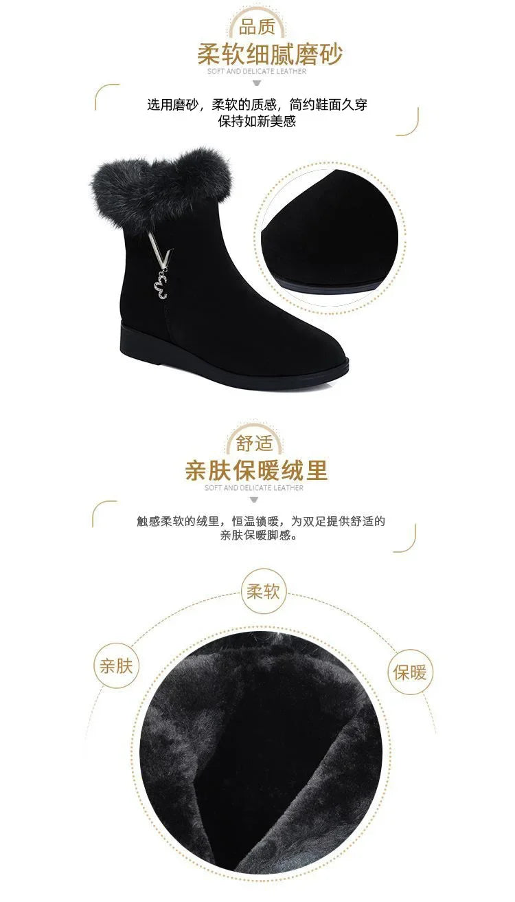Plush Womens Boots Comfortable Hick-soled Fur Shoes Fashion Ladies Shoes Zipper Women Vulcanized Shoes Anti-slip Chaussure Femme