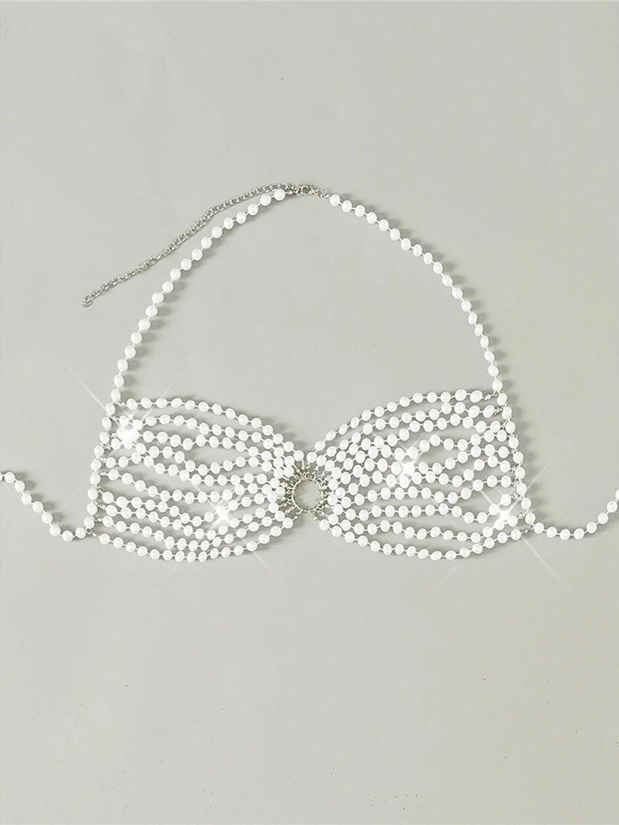 Luxury Pearls Chain Halter Hollow Out See Through Bikini Top Female Swimsuit Women Swimwear Bather Bathing Suit Swim Beach Top