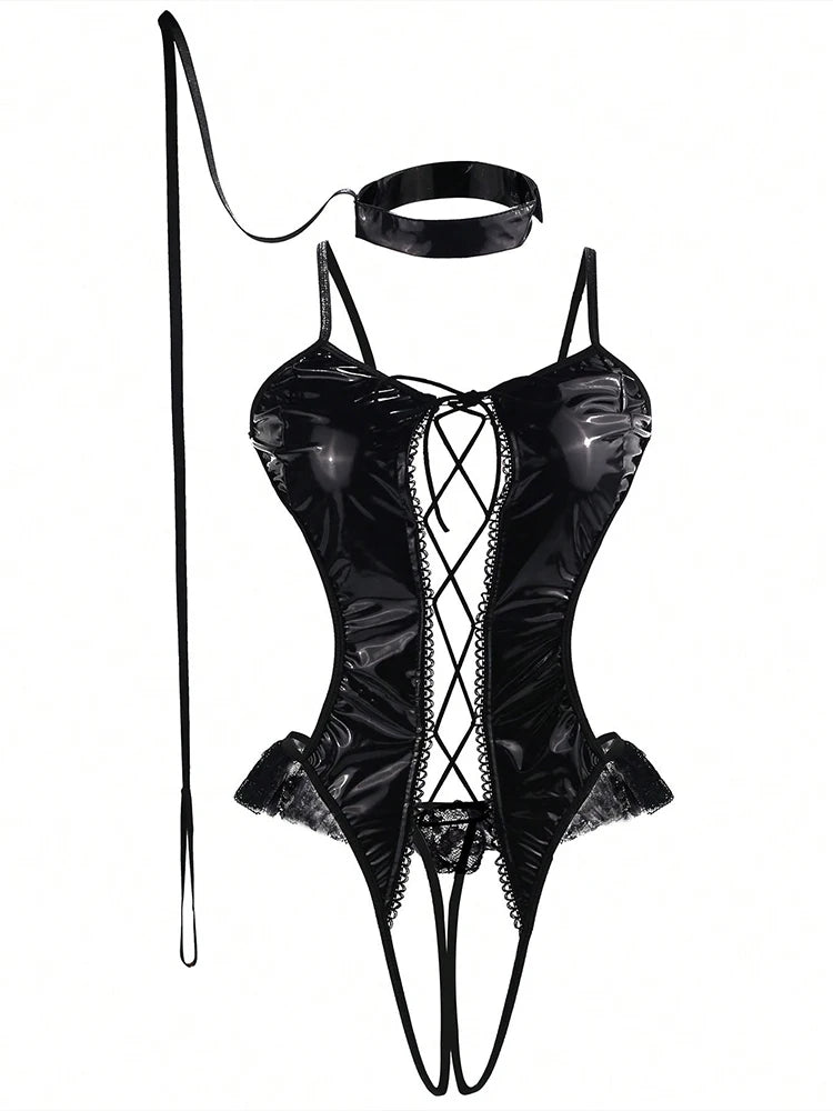 Women Sexy Faux Leather Bodysuit with Choker Chain Wrist Cuffs Hollow Out One-Piece Lingerie Erotic Nightwear for Clubing Party