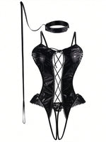 Women Sexy Faux Leather Bodysuit with Choker Chain Wrist Cuffs Hollow Out One-Piece Lingerie Erotic Nightwear for Clubing Party