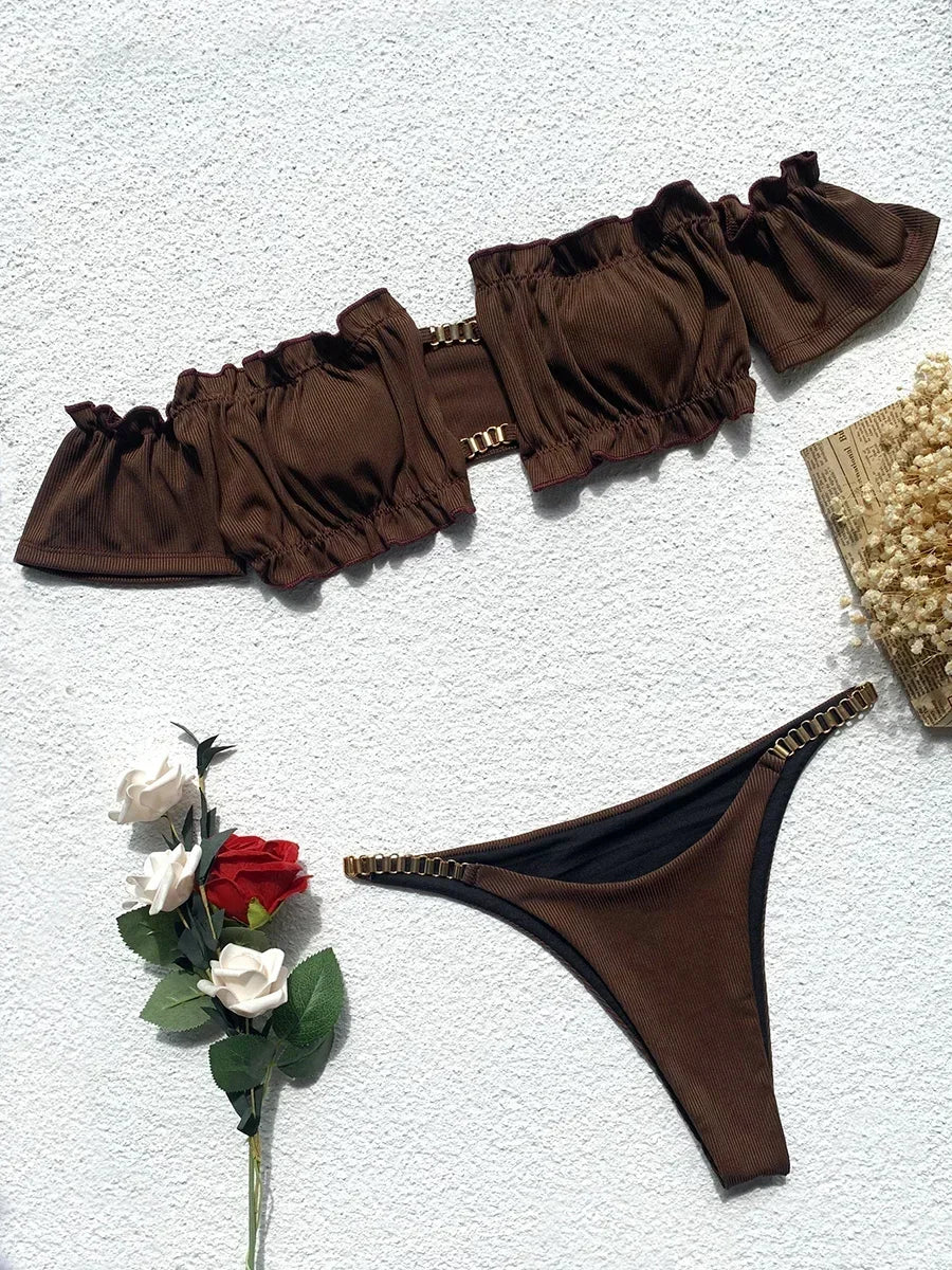 Sexy Ruffled Frill Off Shoulder Bikini Women Swimwear Female Swimsuit Two-pieces Bikini Set Ribbed Bathing Suit Swim Beach Wear