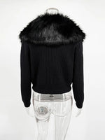Trendix Black Knit Cardigan For Women Winter Detachable Faux Fur Collar Short Tops Street Slim Party Elegant Outerwear Top Femme