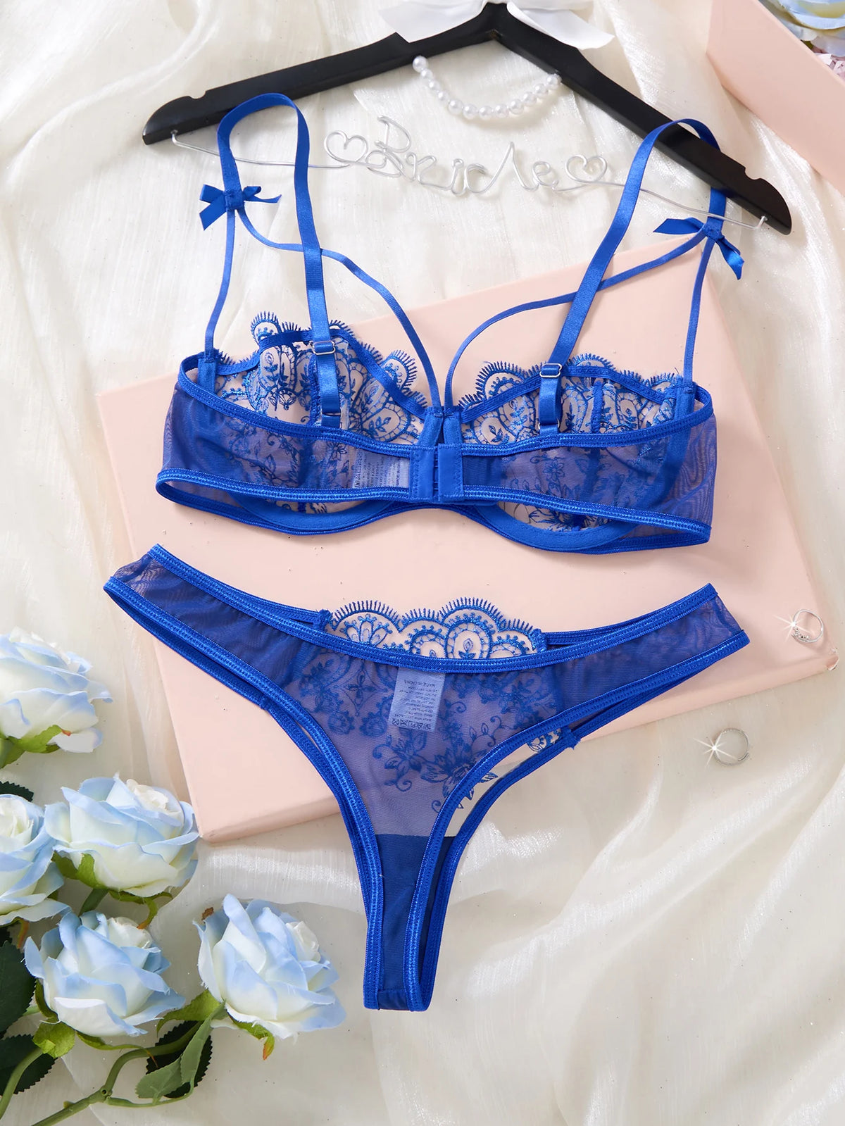 Royal Blue Floral Lace Lingerie Set Sheer Mesh Underwire Bra With Bow & Thong Women Sexy Underwear ZA824057