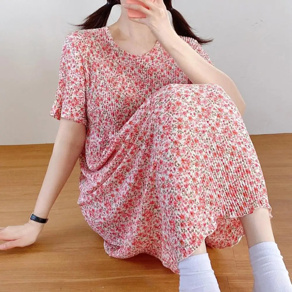 Summer Women Dress Small Flower Print Crew Neck Loose Short Sleeves Pleated Dating Shopping Midi Dress Mid-calf Length Pullover