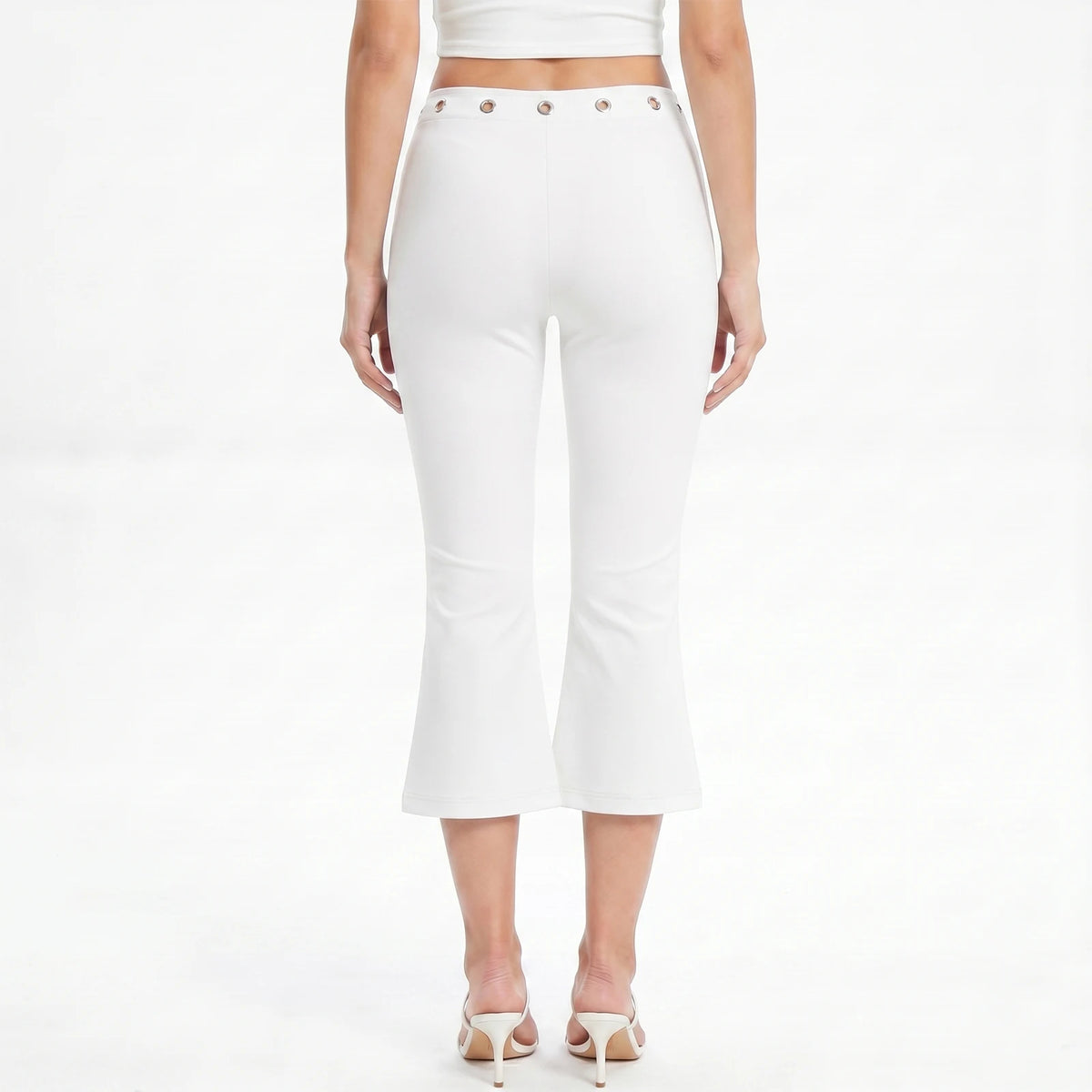 Womens Summer Cropped Pants Mid Rise Flare Trousers Stylish Casual Leg Pants with Silver Eyelet Capris