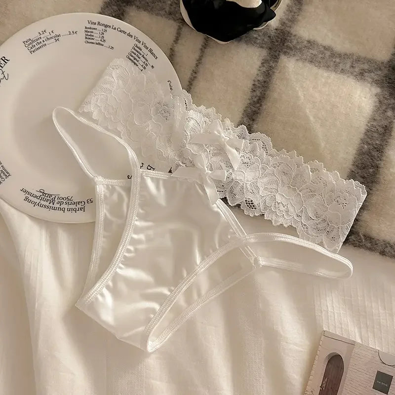 Cross Belt Lace Transparent Sexy Underpants Women's Low Waist Mesh Hollowed Bow Panties Cotton Breathable Briefs Lingerie