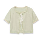 Women's Fashion Short Sleeve Round Neck Bow Lace Knit Solid Color Light Green Lace Trim Front Short Sleeve Knit Casual Top MDTM